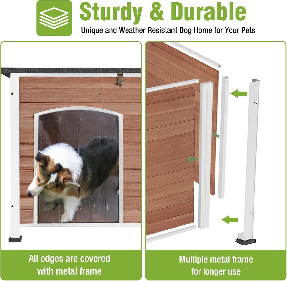 GUTINNEEN Dog House Outdoor Weatherproof with Anti-bite Metal Frame Large Indoor Wooden Dog Kennel for Medium to Large Dogs, 43.3" L × 29.4" W × 33.4" H