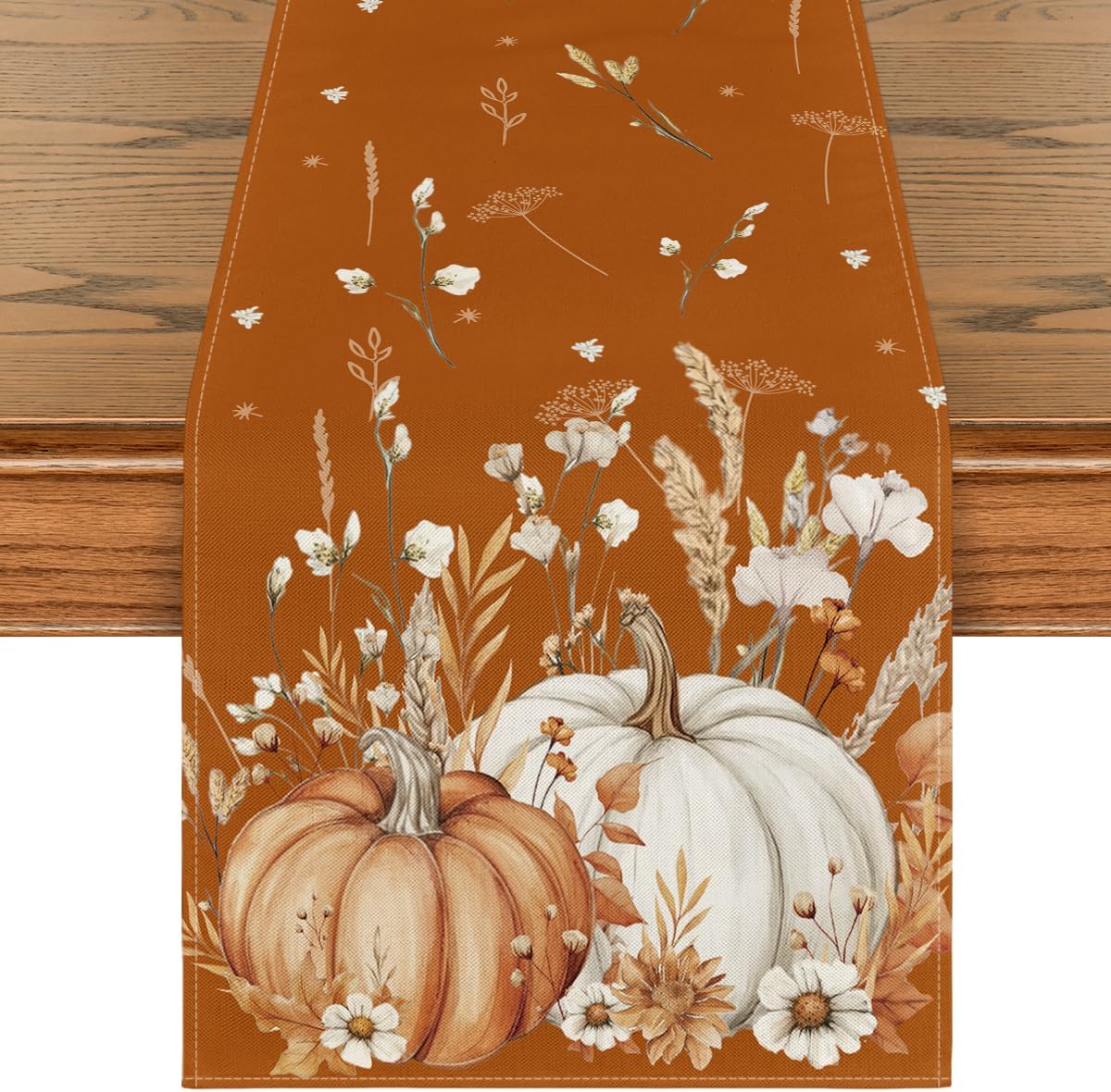 Artoid Mode Orange Pumpkins Leaves Flowers 210 GSM Fall Table Runner, Seasonal Autumn Kitchen Dining Table Decoration for Home Party Decor 13x72 Inch