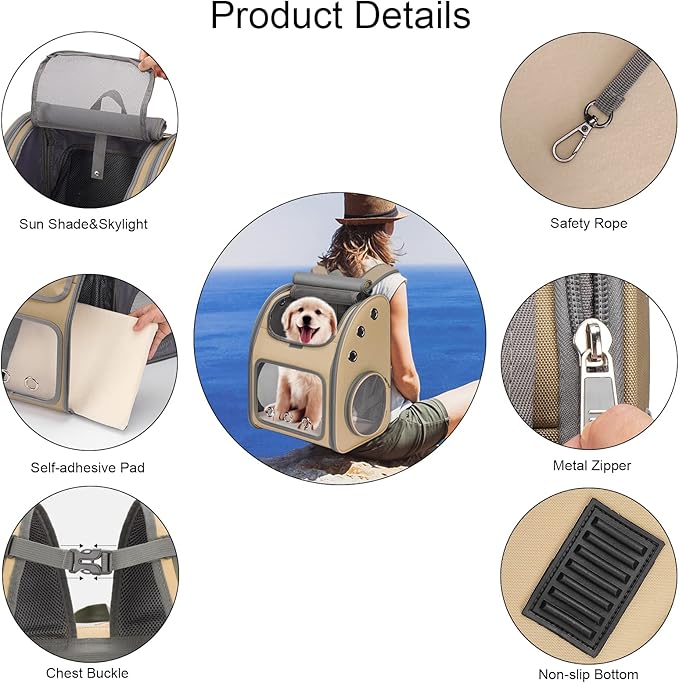 Expandable Pet Carrier Backpack for Cats, Dogs and Small Animals, Portable Pet Travel Carrier, Super Ventilated Design, Airline Approved, Ideal for Traveling/Hiking/Camping, Khaki