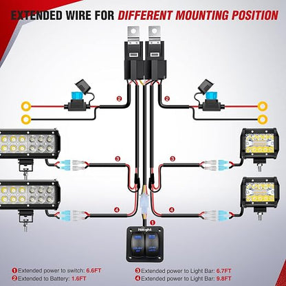 Nilight 16AWG LED Light Bar Wiring Harness Kit-4 Leads | 12V On/Off 2 Gang Laser Etched Pod Lights Rocker Switch Panel Power Relay Fuse 5Pin Toggle for Cars Boat ATV Trucks