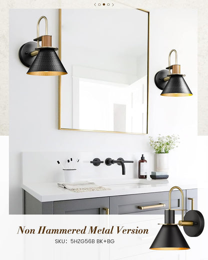 Black Wall Sconce, HWH Industrial Indoor Wall Light Fixture, Single Wall Vanity Light Gooseneck Barn Wall Lamp with Hammered Metal Shade, Black and Gold Finish, 5HZG74B BK+BG
