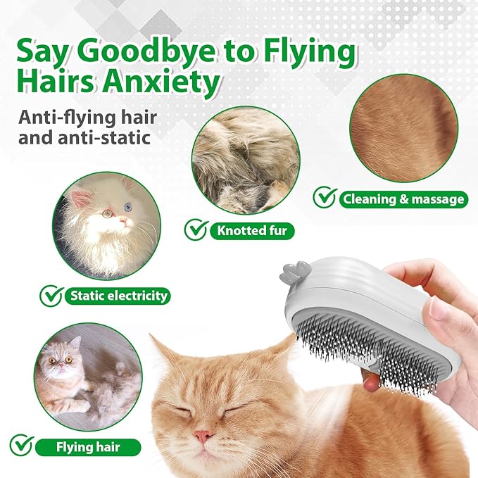 Cat Steam Brush with Release Button, 3 in 1 Rechargeable Pet Spray Water Comb for Long & Short Hair Removal, Self Cleaning Slicker Vapor Brush for Indoor Cats Dogs Rabbits Shedding Grooming