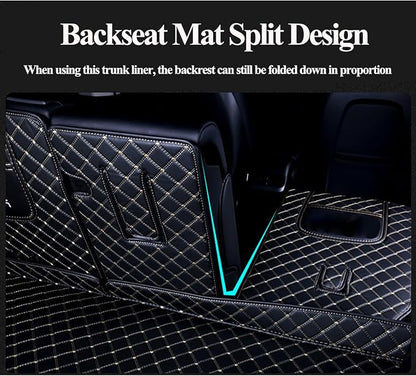 for BMW X7 X7 2+2+2 Seater Trunk Mat Cargo Cover Dog Liner Boot Liner Full Coverage Leather 3D Laser Measured (Trunk Mat+3rd Row Backrest Mat+Both Sides Panel) (Black with Black Stitching