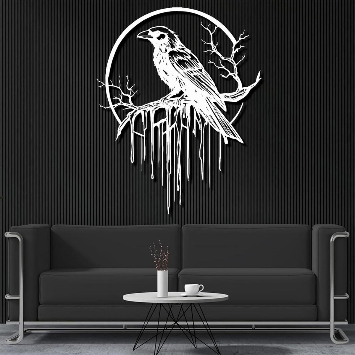 Crow Metal Wall Decor, Raven Wall Art, Large Gothic Raven Decor Hangings, Bird Wall Decor, Metal Tree Branch Decor, Ravens Sign, Raven Art for Living Room (Silver, 47"x38" | 120x96cm, metal wall art)