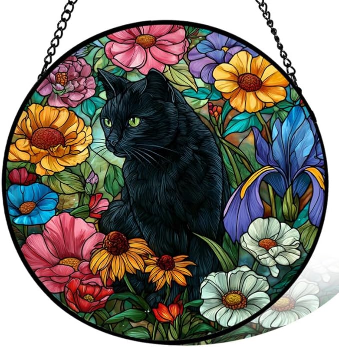 6.3in Stained Glass Window Hanging， Black Cat and Colorful Flowers Sun Catchers Indoor Window， Core Decor Inside and Outside The Cottage， Gifts for Women -721