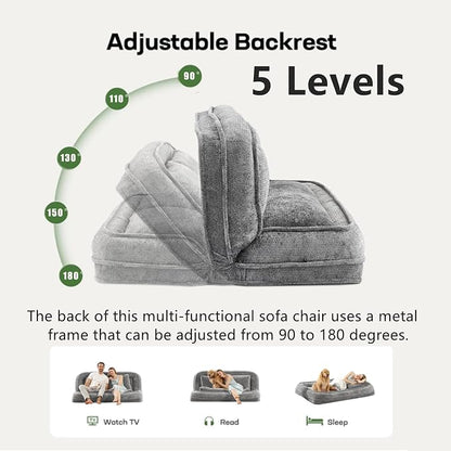 Foldable Lazy Sofa Bed, Double Human Dog Bed for Adults, Light Gray | Skin-friendly Breathable Soft Chenille Upholstered, 5 Adjustable Backrest Positions, 3 Soft Cushions for Living Room