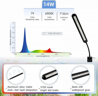 hygger 8-19 Gallon Clip-on Aquarium Light with White Blue Red LEDs Fish Tank Lighting Built-in Timer 5 Brightness Levels 14W
