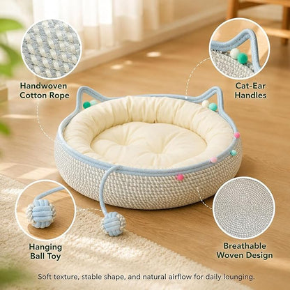 Handwoven Cotton Rope Cat Basket Bed with Hanging Ball Toy (Pink, Small) | cat bed, woven cat basket, kitten bed, small dog bed, cat toy ball, all season pet bed, washable cat cushion