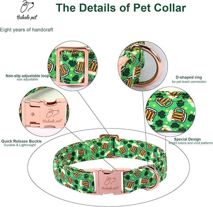 St. Patrick's Day Dog Collar, Beer & Clover Green Dog Collars, Adjustable Heavy Duty Irish Shamrock Pet Collar for Small Medium Large Dogs with Metal Buckle XS