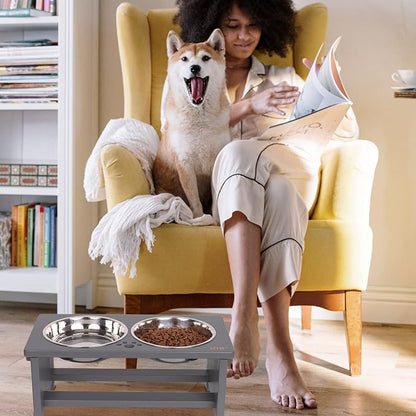 HTB Elevated Dog Bowl Stand with 2 Stainless Steel Bowls-7" H Medium Grey | Raised Dog Bowl Stand, 7"tall, 29 Oz Bowls, for Medium Sized Dogs, Pet-safe, Solid Bamboo