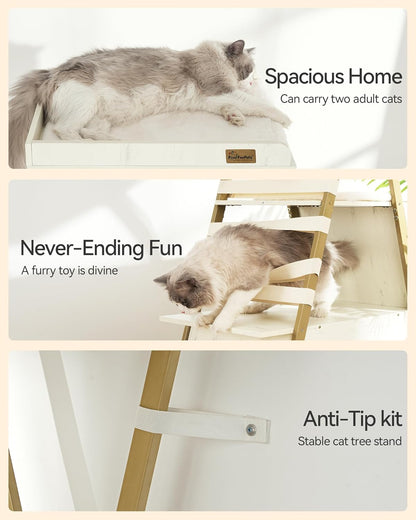 FourFurPets 72.4" Cat Tree, Modern Cat Tower for Indoor Cats, Multi-Level Cat Condo with Caves, Tall Cat Tree with Cat Scratching Board, Wooden Cat Tower with Large Perch, Removable Pads, White