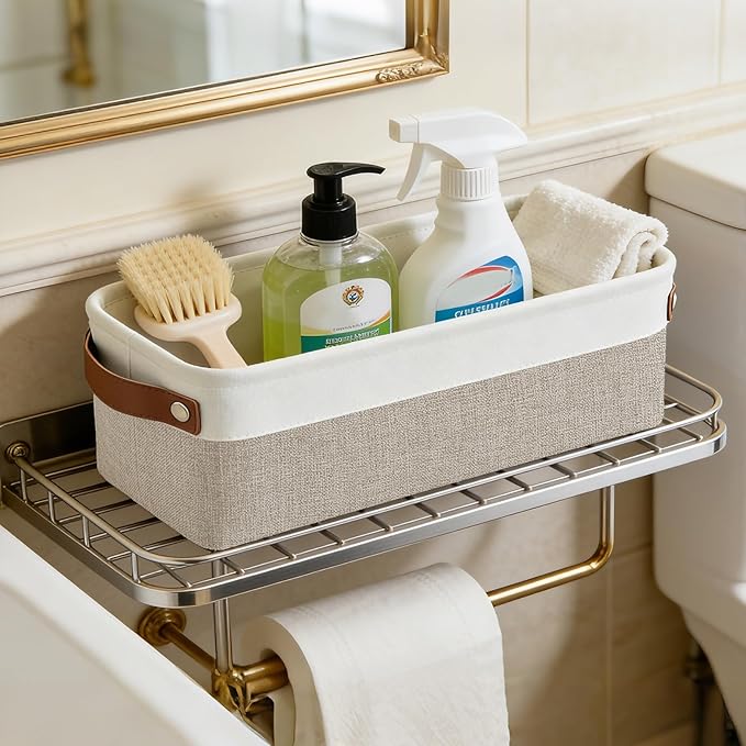 Small Fabric Storage Baskets, 15x6x5 inch Narrow Storage Bins 4-Pack Long Storage Basket for Organizing with Handles, Decorative Basket for Closets, Shelves, Toilet Paper, Beige
