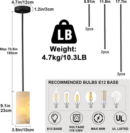 Alabaster Pendant Light Kitchen Island, H-9.5in Black Pendant Light Fixtures with Natural Marble Shade, Adjustable Ceiling Pendant for Dining Room, Living Room, Bedroom & Bathroom