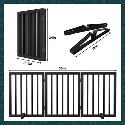 Semiocthome Bamboo Freestanding Dog Gates for Doorways,3-Panel Indoor Puppy Gates for the House with 2 Metal Stands,24"H Folding Pet Gate for Stairs Expands Up to 55"W Fully Assembled Stair Gate Black