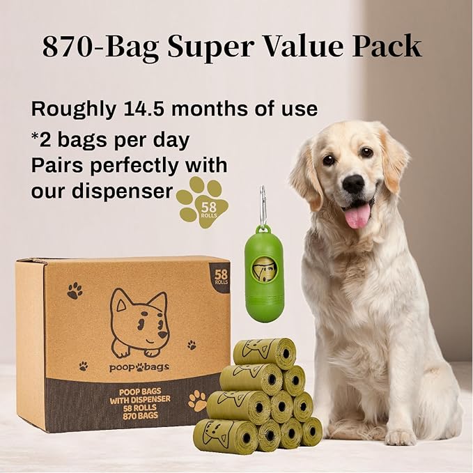 870 Counts Dog Poop Bags Rolls with Dispenser & Leash Clip, Scented Poop Bags for Dogs Waste, Extra Thick & Leak Proof for Poop Doggie Puppy Pet Waste, 9" x 13", Dark Khaki