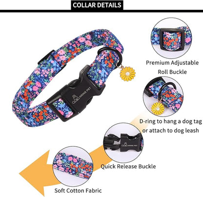 ARING PET Floral Dog Collar, Cute Blue Pink Orange Spring Summer Flower Doggy Pet Collars for Puppy Small Medium Large Girl Female Dogs-XL