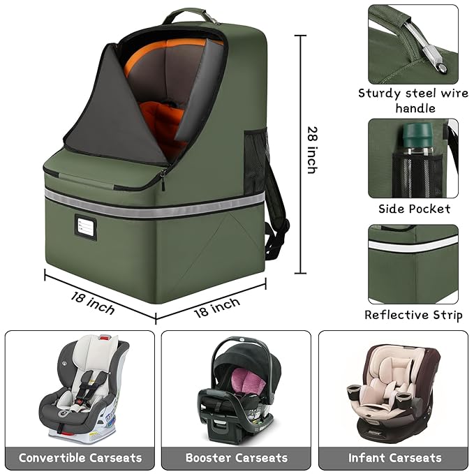 Car Seat Travel Bag,Padded Car Seats Backpack with Steel Cable Handle and Reflective Stripes, Large Durable Carseat Carrier Bag,Airport Gate Check Bag,Infant Seat Travel Bag with Shoulder Strap,Green