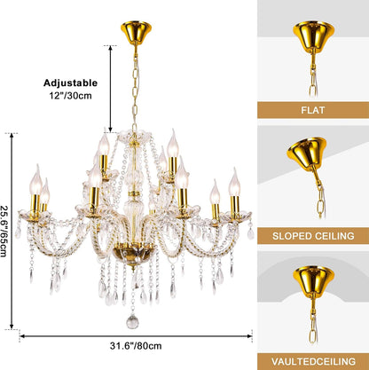 Modern Elegant 12 Lights K9 Crystal Glass Chandelier Golden Pendant Ceiling Lighting European Style for Dining Living Room Bedroom Transparent,12 E12 Bulbs Required