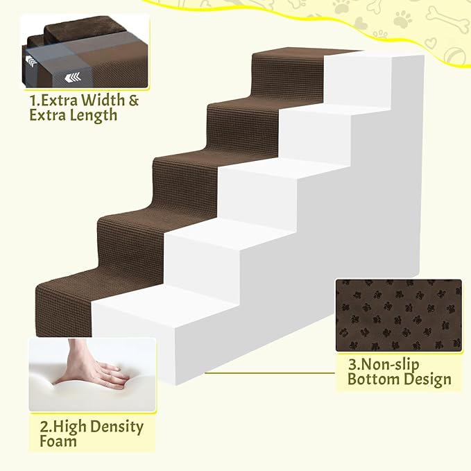 Niubya Dog Stairs for Small Dog and Cats,23”H Non-Slip Bottom Pet Steps for High Beds and Couch,High-Density Foam Pet Stairs Brown,5 Steps