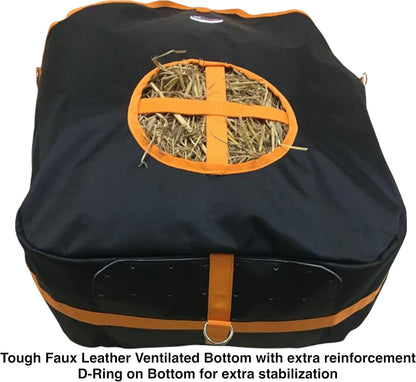 Majestic Ally Nylon Hay Feeder Tote Bag for Horse, Goat, Sheep - Double Sides Open Feed Hole with Faux Leather Ventilated Bottom- Premium Quality -Simulates Grazing - Reduces Waste (Black)