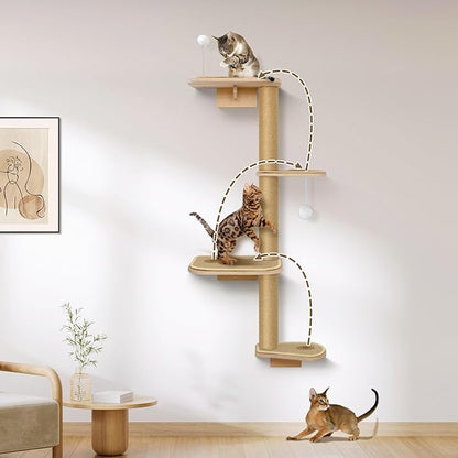 Cat Wall Shelves & Climber for Kittens – 4-Level Wall Mounted Cat Tree with Natural Sisal Pads, Adjustable Tower for Indoor Cats Up to 30lbs, Cat Wall Furniture System