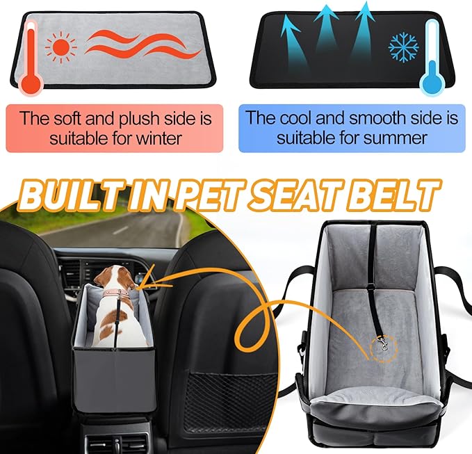 Portable Dog Car Seat for Small Dogs - Adjustable Safety Leash, Washable Cushion & Storage Pocket - Pet Booster Seat for Car Travel- Grey