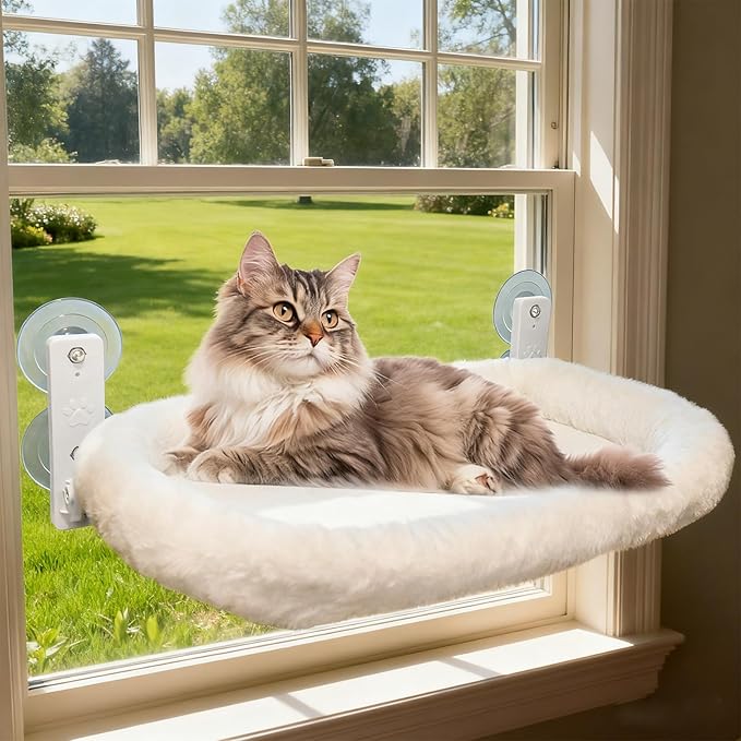 Extra Large Cat Window Perch (23.8×11.8in) - Washable 2-Season Fabric Cover, 4 Strong Suction Cups, Solid Metal Frame - Foldable Cat Hammock for Large Cats/2 Cats, Cordless Design (White)