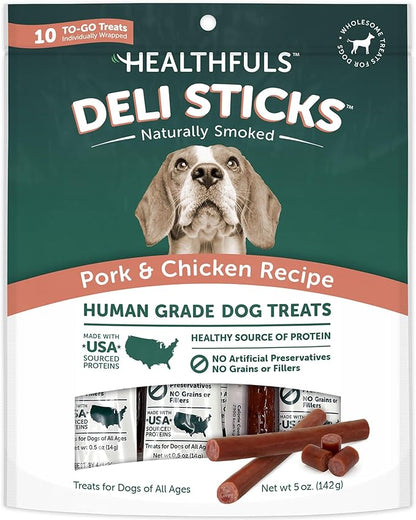 HEALTHFULS Deli Sticks Pork and Chicken Human-Grade Gluten-Free Soft and Chewy Dog Treats, 10 Count Bag