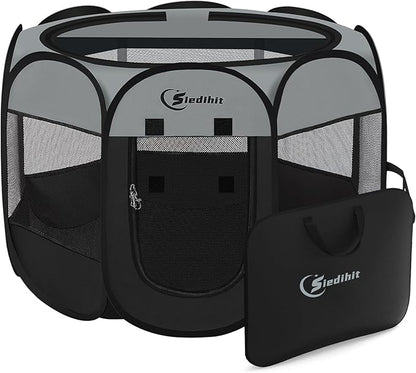 Siedihit Dark Grey Dog Cat Playpen, Puppy Pet Playpen, Small Dogs Tent | Crates Cage Indoor/Outdoor, Portable Pop Up Dog Kennel Playpen with Carrying Case for Dogs/Cats/Rabbits