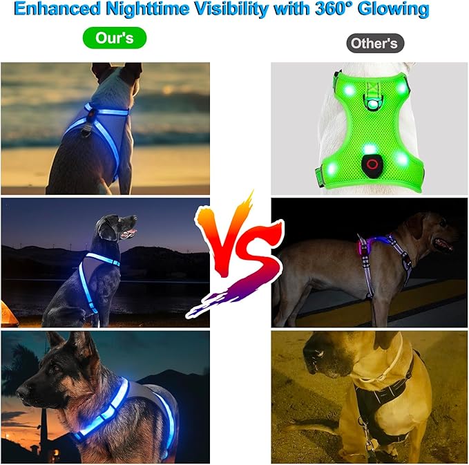 Visinite LED Dog Harness, USB Rechargeable Light Up Dog Vest, 2 Illuminate Modes Glow in The Dark Dog Harness, Adjustable Lighted Pet Harness Light for Night Walking Safety(Blue, L)