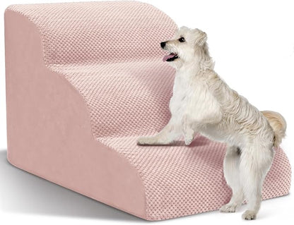 Dog Stairs for Small Dogs - High Density Foam Pet Steps, Extra Wide Dog Ramp with Non-Slip Bottom for High Beds, Couch and Sofa, Best for Dogs Injured, Older Doggy Cats,3 Steps, Pink