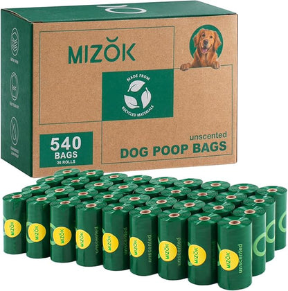 MIZOK Dog Poop Bags Rolls, 540 Count, 65% Recycled Material Poop Bags for Dogs, Leakproof, Extra Thick Durable and Easy Tear-Off, Unscented