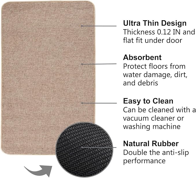 Indoor Door Mat, 1/10 in Ultra Thin Door Mat, Non-Slip Natural Rubber Backing Inside Doormat, Washable, Low-Profile Entrayway Mats, Durable Dirt Trapper for Various Entrance, 29''X17'' Khaki