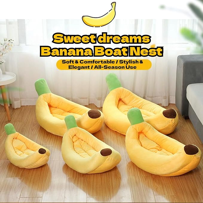 Banana Pet Bed for Small Dogs and Cats, Cozy Enclosed Calming Cave Bed with Removable Plush Cushion for Indoor Kittens Puppies Small Pets (Banana Bed + Bone Toy, X-Large)