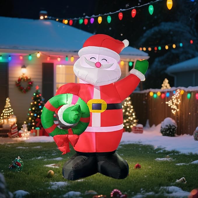 Giant Inflatable Santa Claus Christmas Decoration, 8Ft LED Lighted Outdoor Holiday Decor with Wreath, Fast Self-Inflating, Yard Lawn Garden Display