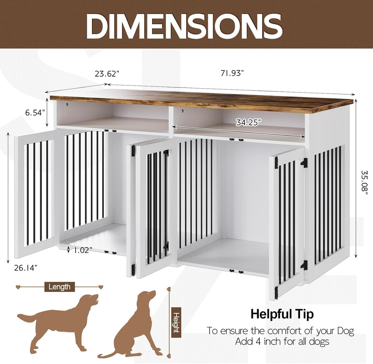 72'' Dog Crate Furniture for 2 Dogs, Wooden Dog Cage with Storage Compartment, Indoor Dog Kennel with 4 Doors for Large/Medium Dogs, White