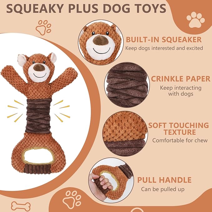 Squeaky Dog Toys - Plush Tug of War with Crinkle Paper, Interactive Pull Toy for Puppies to Large Dogs