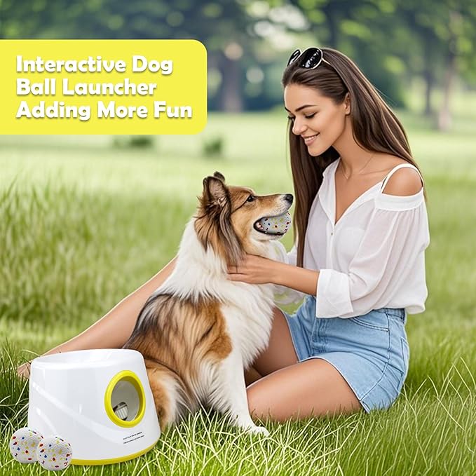 Automatic Dog Ball Launcher, Upgraded Interactive Dogs Balls Thrower for Small and Medium Dogs, Distance Adjustable Mental Stimulating Dog Toys with 4 Durable Etpu Balls 2.2 Inch (Yellow)