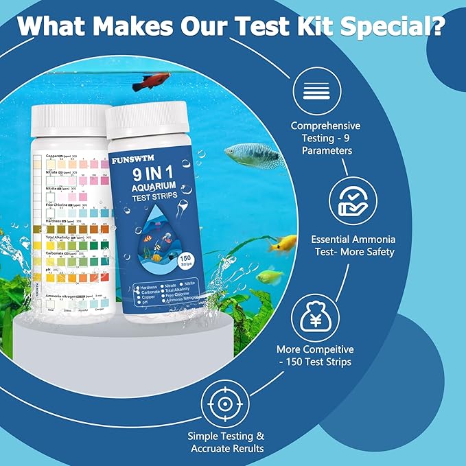 Aquarium Test Strips for Fish Tank: 9 in 1 Aquarium Water Test Kit for Freshwater - 150ct Fish Test Strips Testing Ammonia pH Nitrate Chlorine Nitrite Hardness Alkalinity Copper