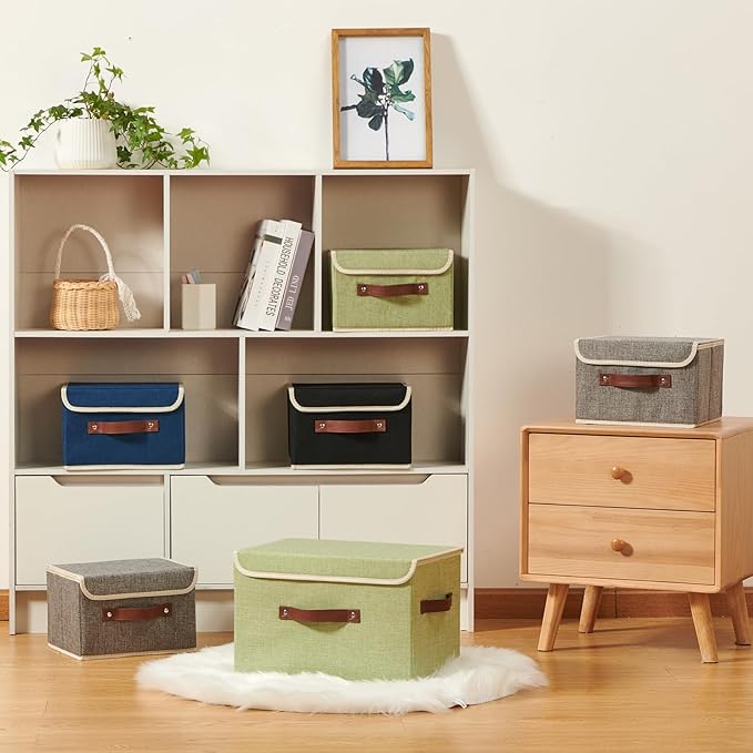 2PCS Storage Boxes with Lid Cotton Linen Fabric Storage Bins Organizer Container Decorative Collapsible Washable Shelf Closet Baskets Faux Leather Handles Home Bedroom (Gray, Small Size)