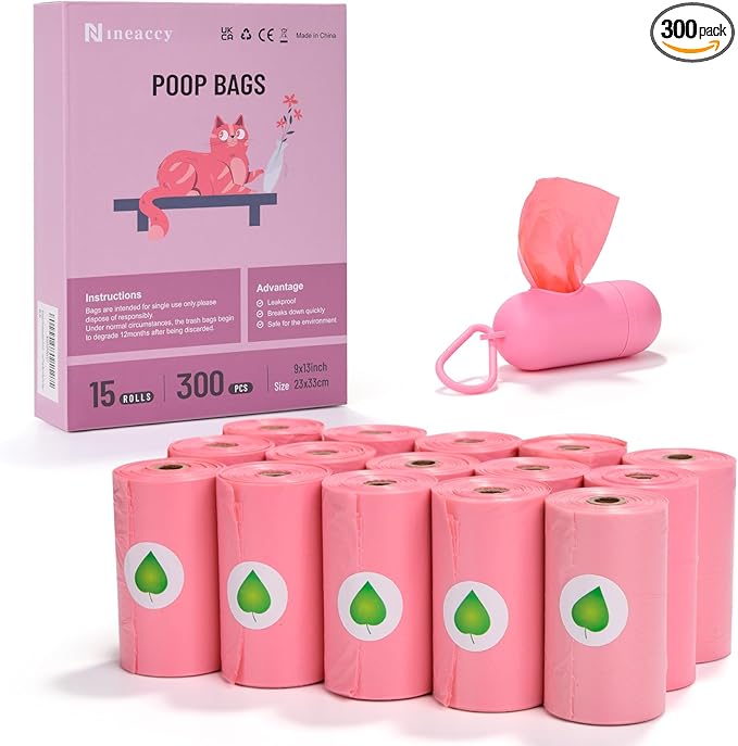 Biodegradable Pink Dog Poo Bags Lavender scent with Dispenser - 300 Large Poop Bags, Extra Thicken Strong Corn Starch Blended Compostable Leak Proof Poop Waste Bag for Dogs
