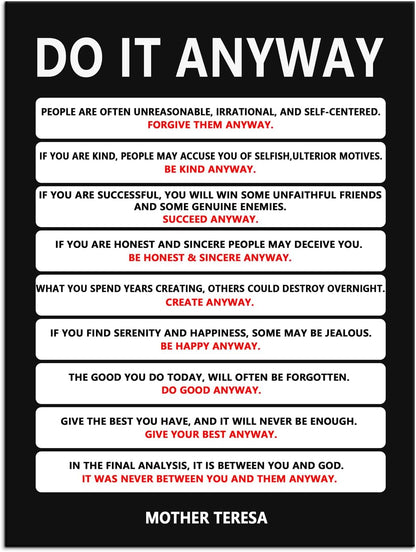 Do It Anyway Motivational Wall Art Inspirational Poster Mother Teresa Quote Canvas Prints Artwork for Office Living Room Modern Home Decor Painting Pictures Stretched and Framed [18''Wx 24''H]