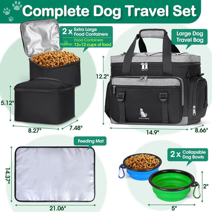IGOLUMON Dog Travel Bag Large Pet Travel Bags Set for Supplies Weekend Travel Kit Tote Organizer Multi-Pockets Food Travel Bag with 2 Extra Large Food Containers, 2 Dog Bowls, 1 Feeding Mat