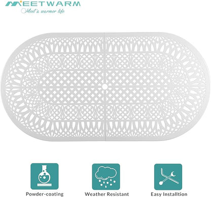 MEETWARM 9-Piece Outdoor Patio Dining Set, All-Weather Cast Aluminum Patio Conversation Set for Backyard Garden Deck with 8 Cushioned Swivel Rocker Chairs, 1 Oval Table, 2" Umbrella Hole, White