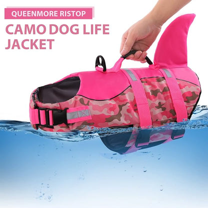 Dog Life Jacket Ripstop Dog Shark Safety Vest Adjustable Preserver with High Buoyancy and Durable Rescue Handle for Small,Medium,Large Dogs, Pink Camouflage Medium