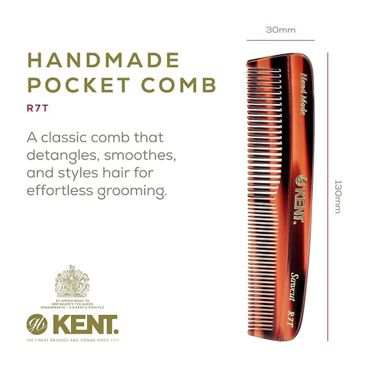 Kent R7T Double Tooth Hair Pocket Comb, Small Coarse/Wide Comb for Hair, Beard, and Mustache Grooming for Men, Women, and Kids - Saw Cut, Hand Polished, Handmade in England