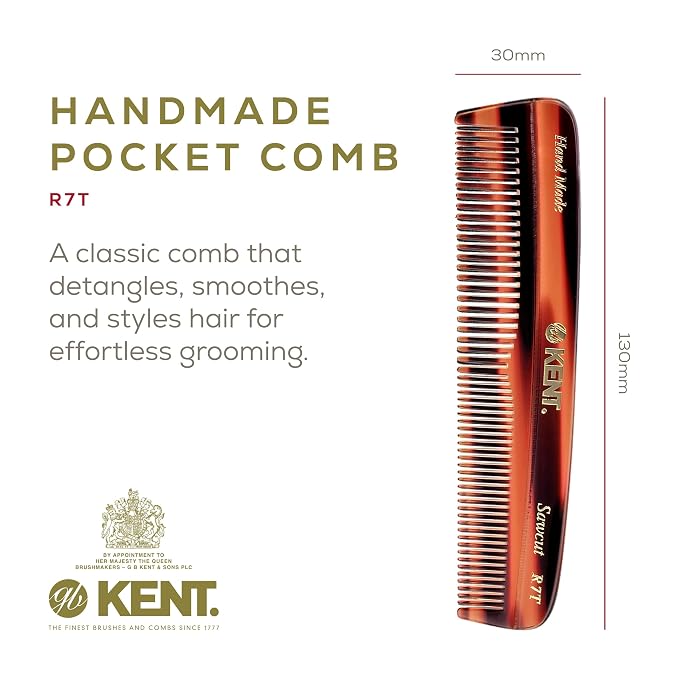 Kent R7T Fine and Wide Tooth Hair Comb, Handmade Pocket Comb for Men, Beard and Mustache Combs for Everyday Grooming and Styling, Sawcut Kent Combs, Made in England