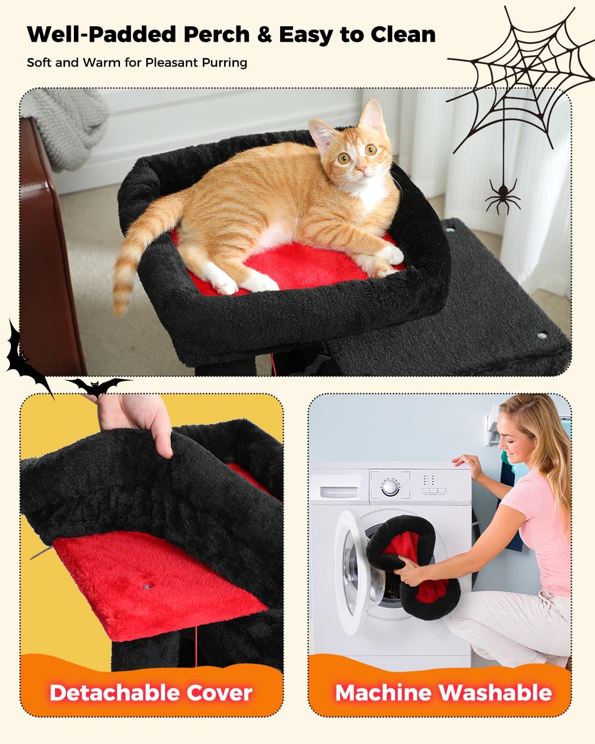 PAWZ Road Gothic Cat Tree, 30 Inches Black Cat Tower with Dual Condos for Indoor Cats, Spooky Cat House with Padded Perch, Scratching Ramp and Posts and Bat Toys