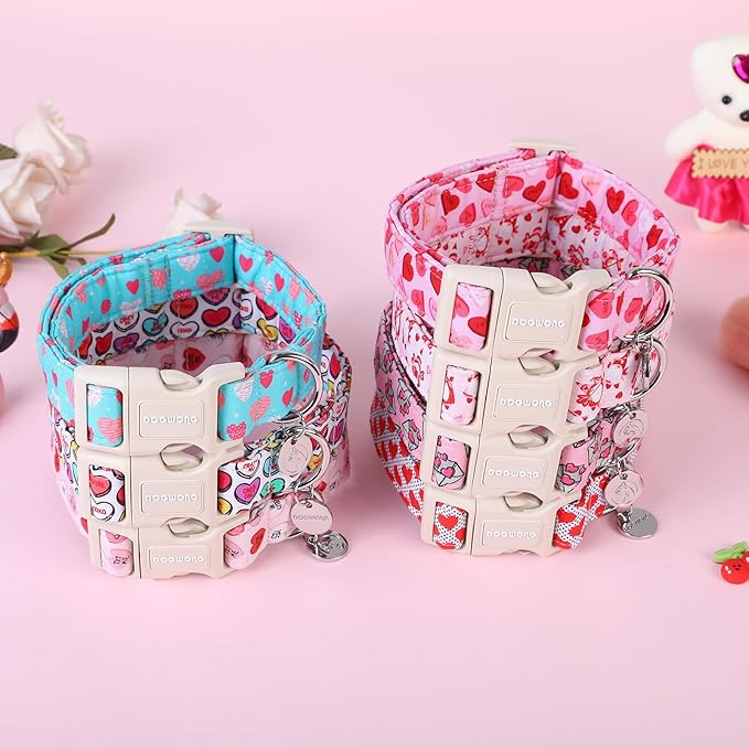 DOGWONG Valentine's Dog Collar - Pink Heart Adjustable Cotton Heart Dog Collar - Perfect for Large Dogs