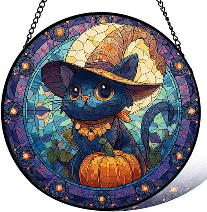 Stained Glass Window Hanging， Black Cat & Birds 9.8in Sun Catchers Indoor Window， Core Decor Inside and Outside The Cottage， Fall Autumn Leaves Decor， Gifts for Women， Home Decor